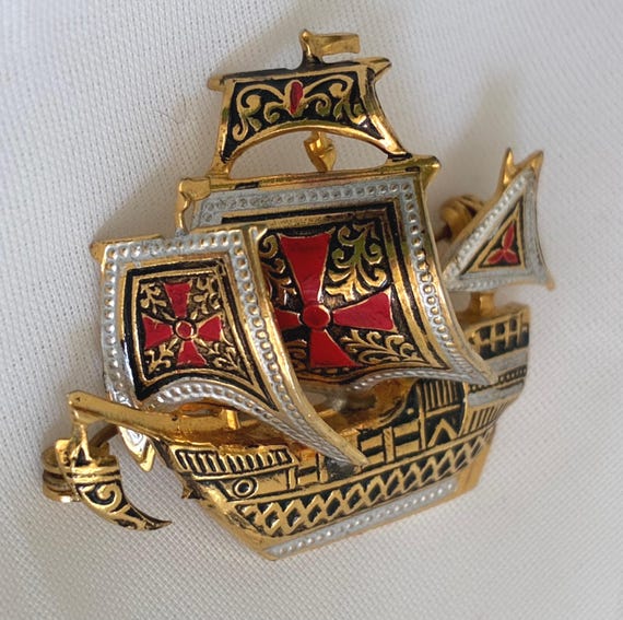 Vintage Damascene Spanish Galleon Ship Brooch