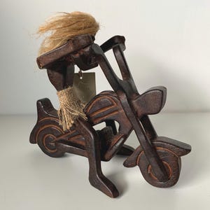Vintage Hand Carved Wooden Tribal Man on Motorcycle/Biker Statue