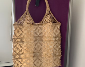 Vintage Open Weave Jute/Macrame Lined Tote Bag