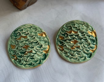 Vintage Hand Crafted Textured Glazed Ceramic Disc Stud/Post Earrings