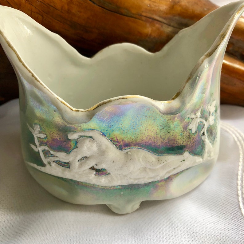 AntiqueVintage Altenburg Saxony Germany Porcelain Green Iridescent LustrewareRaised Relief BowlPlanter
