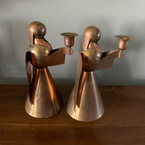 Vintage Large Brass and Copper Angel Candlestick Holders - Set of 2