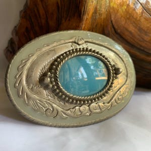 Vintage Southwestern Oval Silver Tone Metal Enamel Belt Buckle