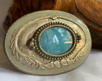 Vintage Southwestern Oval Silver Tone Metal Enamel Belt Buckle