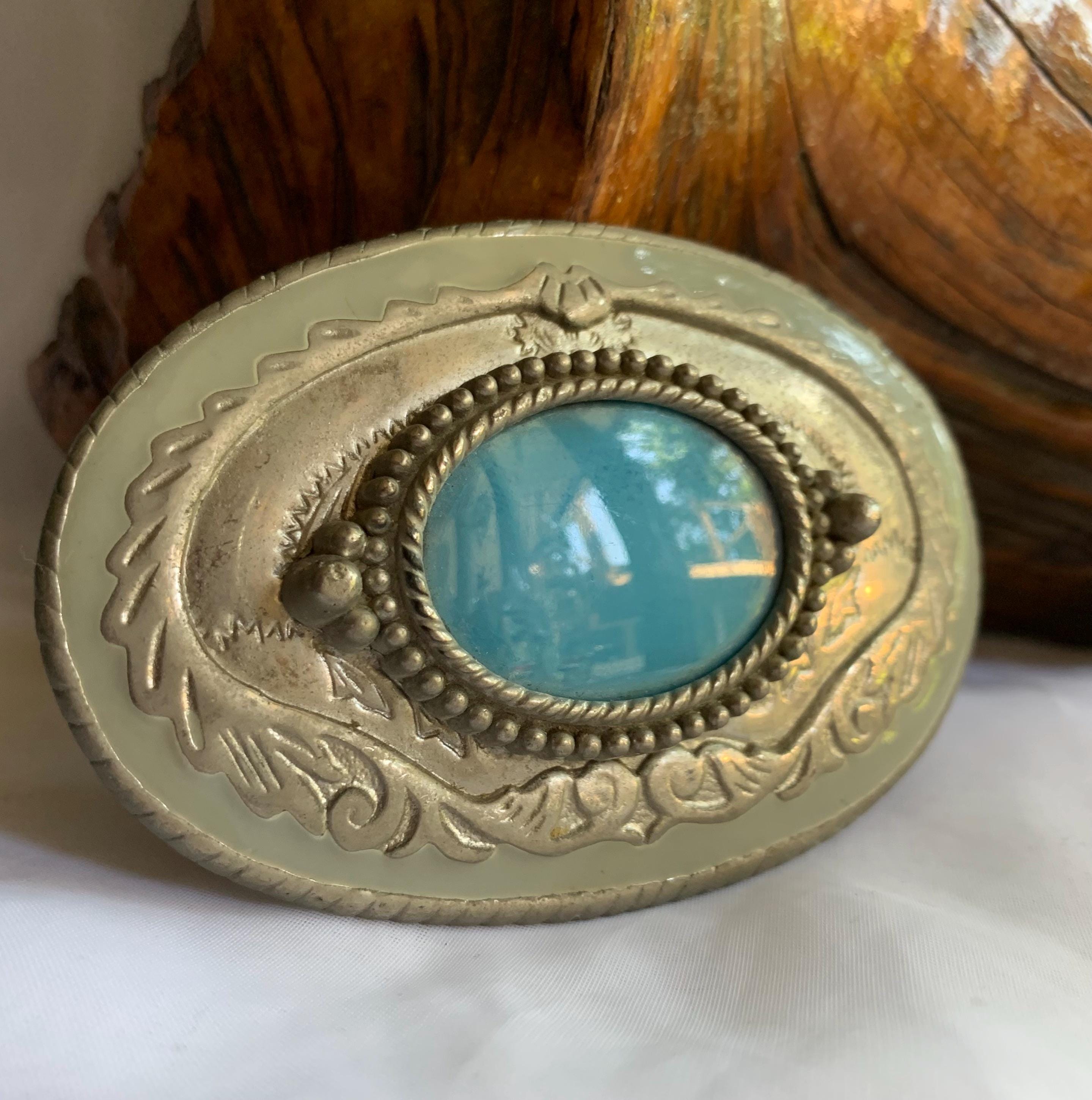 Turquoise and Gold Oval belt buckle Antique Gold Teal Stone Belt Buckle main image 2