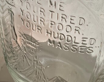 Vintage Log Cabin Clear Glass Syrup Bottle - Commemorative Statue of Liberty