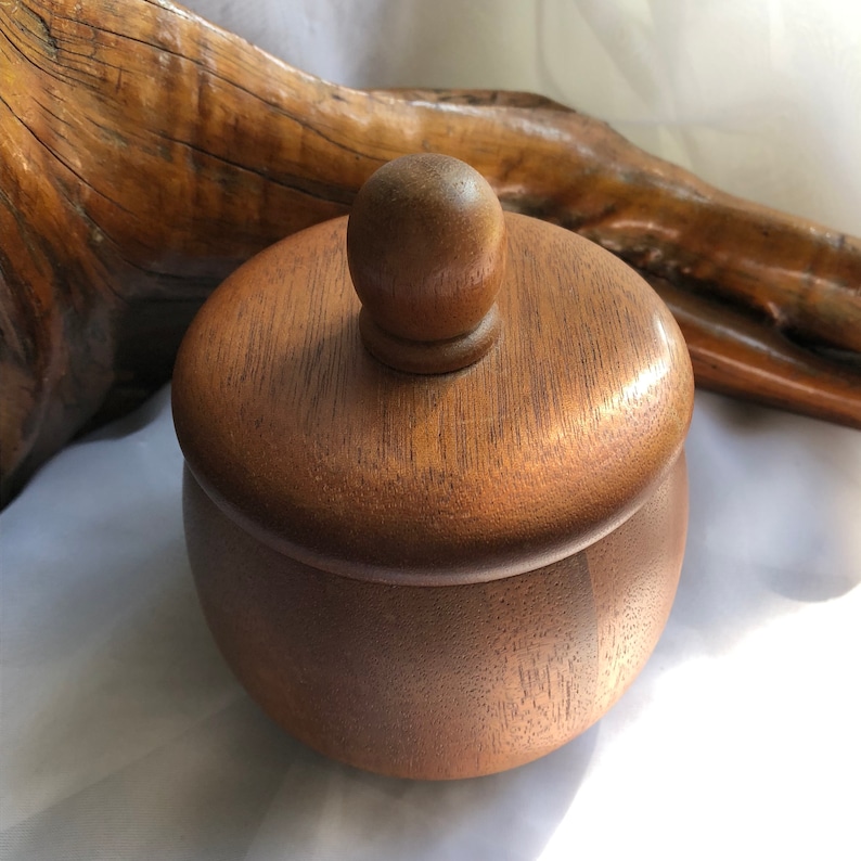 以下が含まれることがあります： 蓋とつまみ付きの小さな丸い木製容器。容器と蓋は温かみのある茶色の木材でできており、木目が見えます。容器は白い表面に置かれ、背景には流木があります。