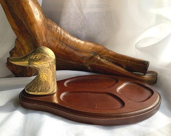 Vintage Brass Duck Head and Wood Valet/Vanity Dresser Tray