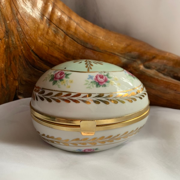 Vintage Hand Painted Porcelain Hinged Egg Shaped Trinket Box