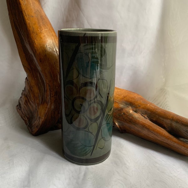 Vintage Hand Painted Pottery Cylinder Vase - Tonala Mexico