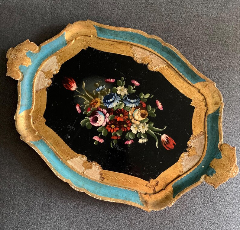 Vintage Italian Florentine Gold Hand Painted Floral Tray - Etsy