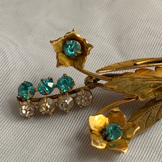 Vintage Art Deco Gold Plated Aqua and Clear Rhine… - image 3