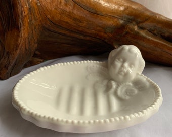 Vintage White Ceramic Cherub Child Soap Dish