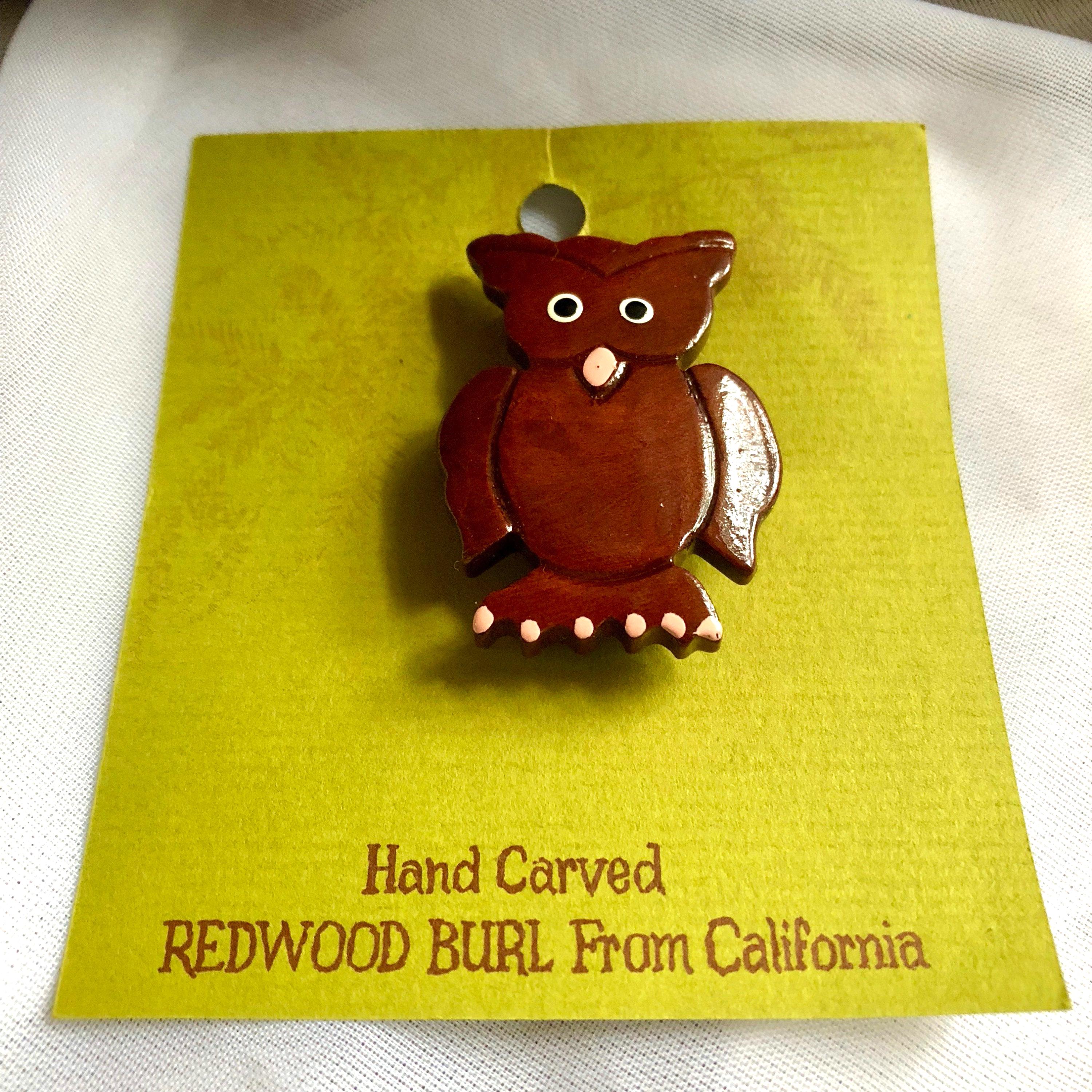 Vintage Hand Carved Californian Redwood Owl Pin by Niblick