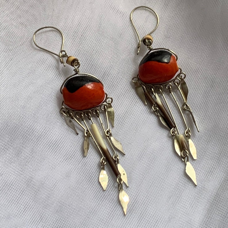 Hand Crafted Vintage Silver Tone Red and Black Seed BeadQuills Dangle Earrings