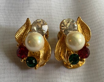 Vintage Gold Tone Leaf/Faux Pearl/Rhinestone Clip on Earrings by Vendome