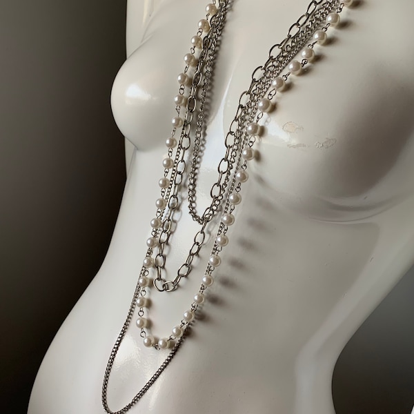 Vintage Silver Tone Multi-strand Chain/Faux Pearl Waterfall Adjustable Necklace