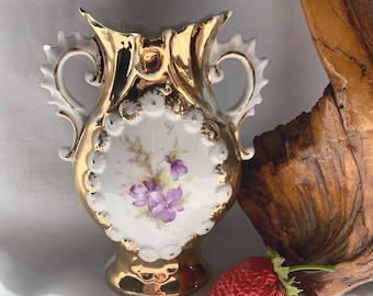 Vintage Small Hand Painted Gold Gilded Floral Two Handle Bud Vase