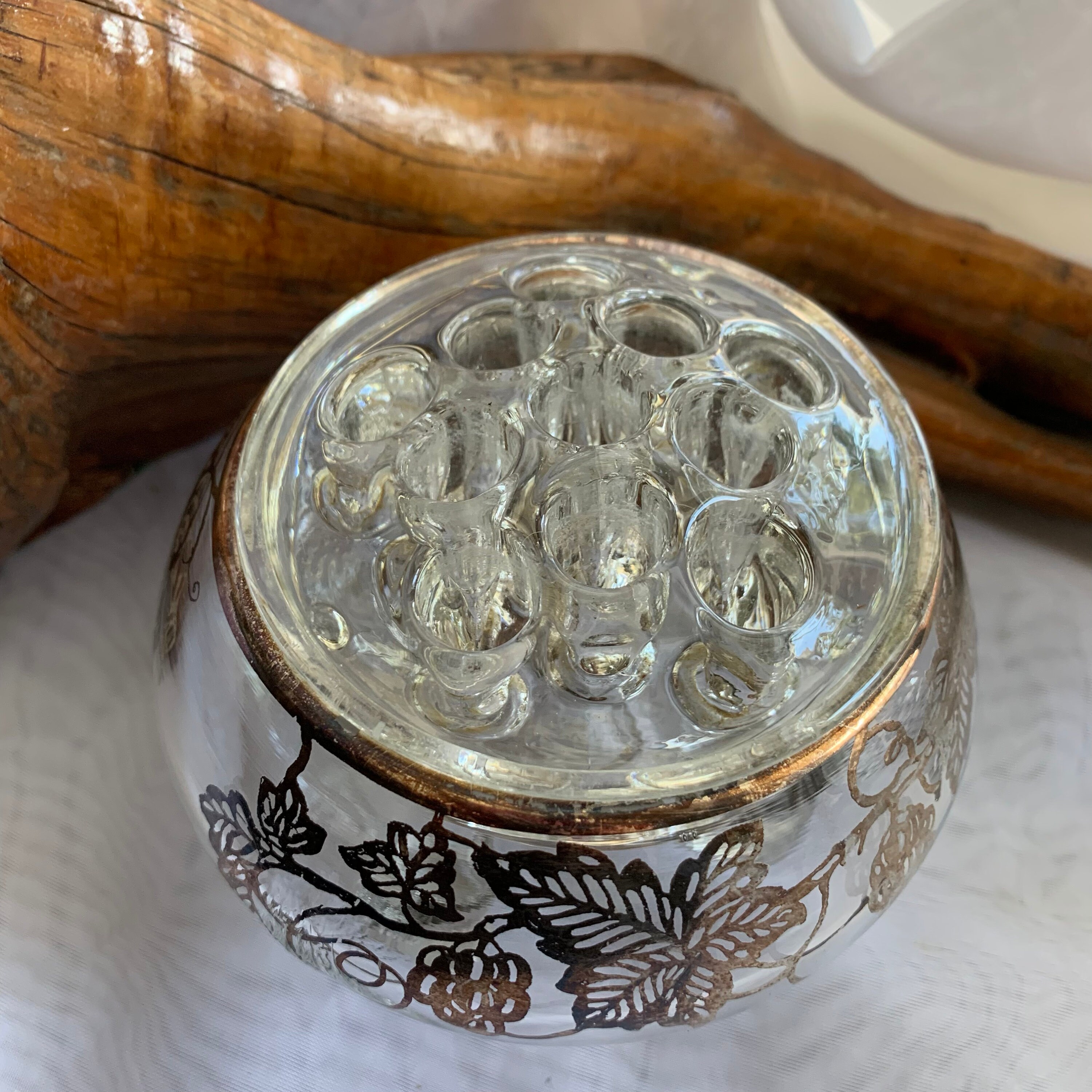 Vintage 3 Footed Glass Flower Frog Bowl With Gilt Overlay Leaf Etsy