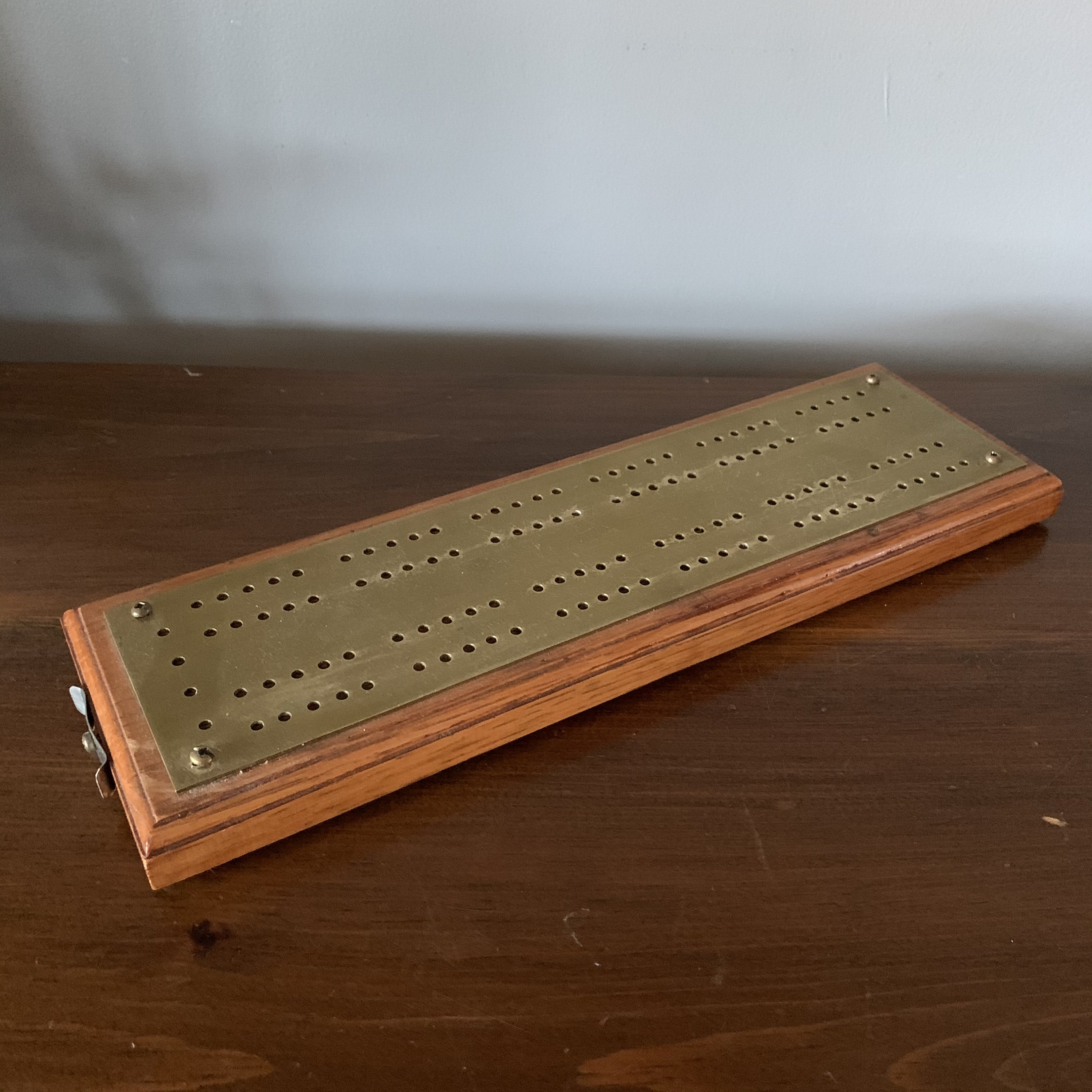 Vintage Antler Cribbage Board With Copper Inlay And  Playing Cards