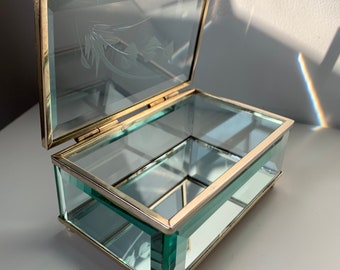 Vintage Bevelled Glass, Hinged Lid Trinket/Jewelry Display Box