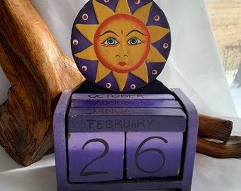 Vintage Indonesian Hand Painted Wooden Celestial Perpetual Calendar