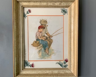 Vintage Wood Framed Father and Son Fishing Litho Print by K. Lawrence