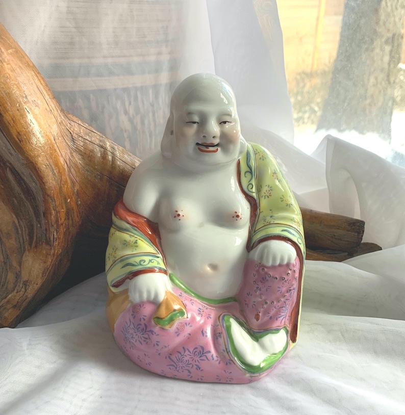Vintage Hand Painted Porcelain Chinese Laughing Buddha Figurine/Statue image 1