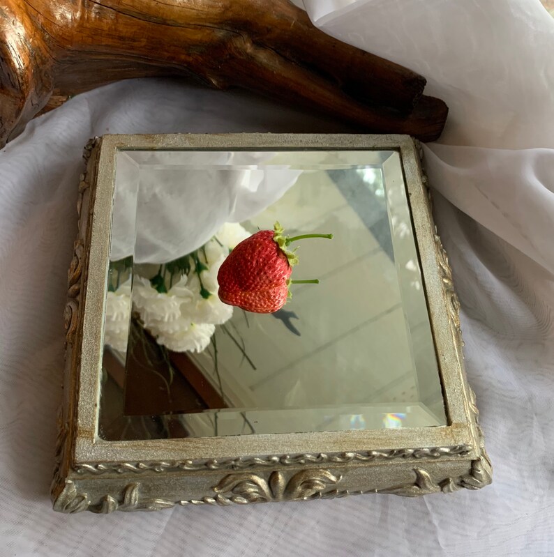 Vintage Small Ornate Silver Tone Square Raised/Relief Resin Bevelled Wall Mirror afbeelding 8