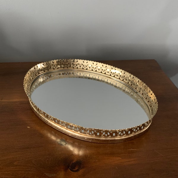 Vintage Gold Tone Oval Metal Filigree Mirror Vanity Tray