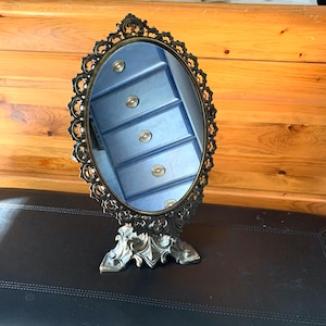 Vintage Brass Tone Ornate Cast Metal Pedestal/Swivel Dresser/Table Top Vanity Mirror
