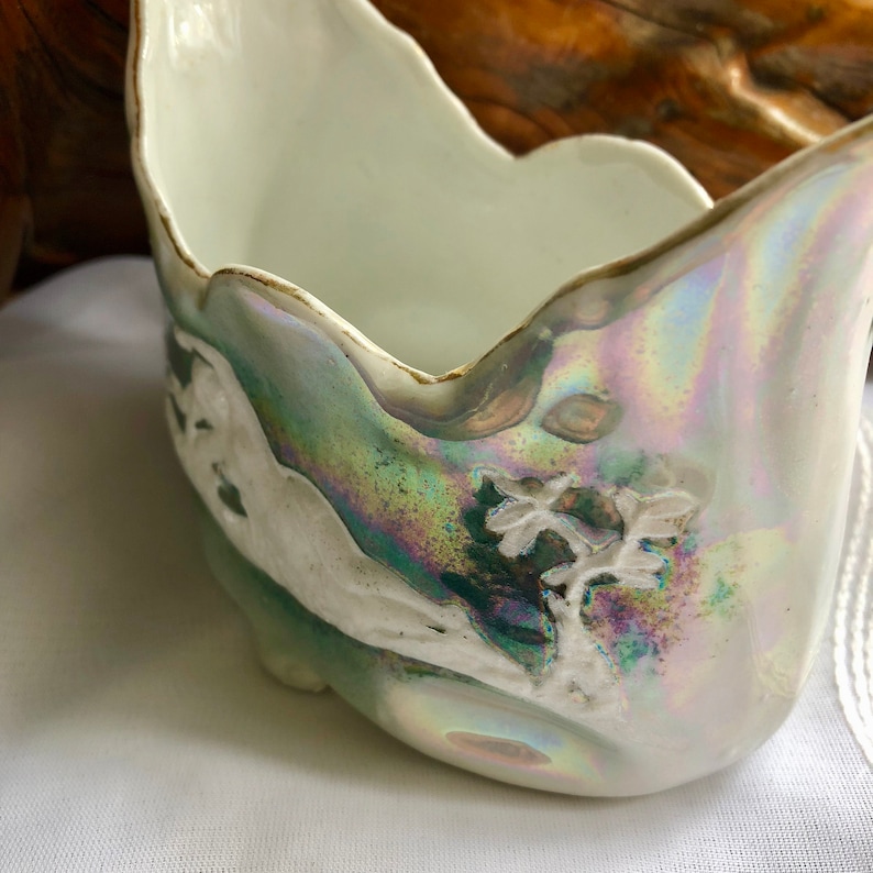 AntiqueVintage Altenburg Saxony Germany Porcelain Green Iridescent LustrewareRaised Relief BowlPlanter