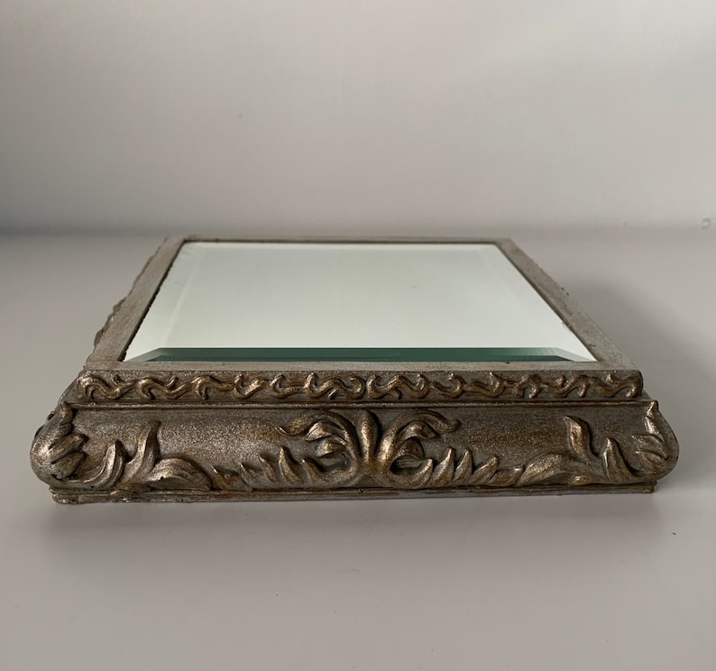 Vintage Small Ornate Silver Tone Square Raised/Relief Resin Bevelled Wall Mirror image 2