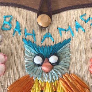Puede incluir: Un bolso de paja con la palabra "BAHAMAS" bordada en azul. El bolso presenta un dise&ntilde;o de b&uacute;ho con detalles azules, naranjas y amarillos. El bolso tiene un asa marr&oacute;n y un cierre de bot&oacute;n de madera.