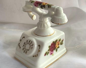 Vintage Small Cottage Rose Fine Bone China Telephone Figurine
