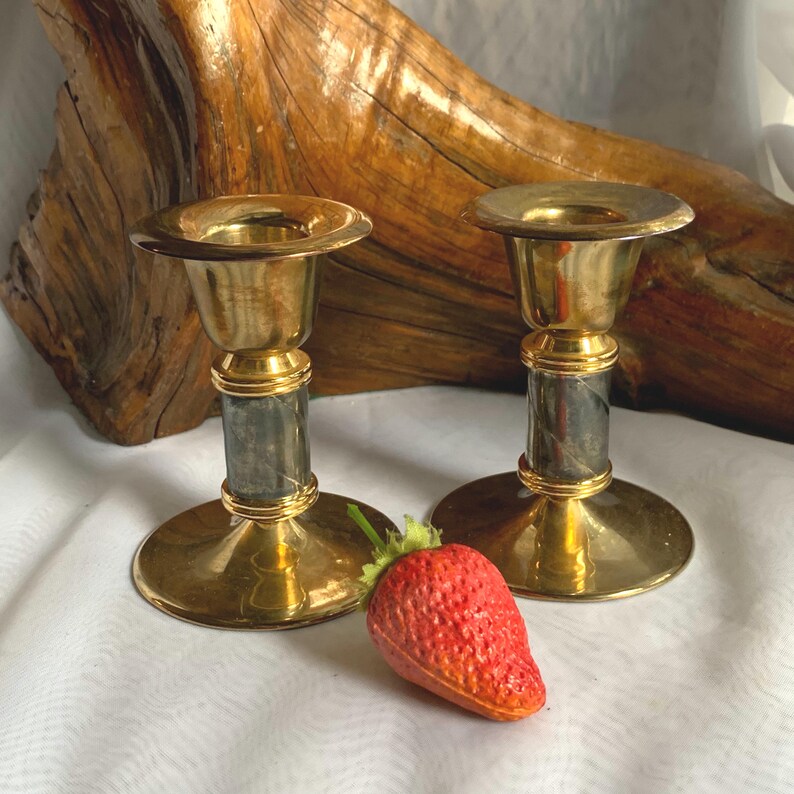 Vintage Lacquer Brass Marble Acrylic Candlestick Holders Set afbeelding 8