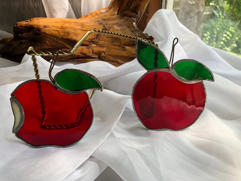 Pair of Vintage Stained Glass Apple Sun Catchers
