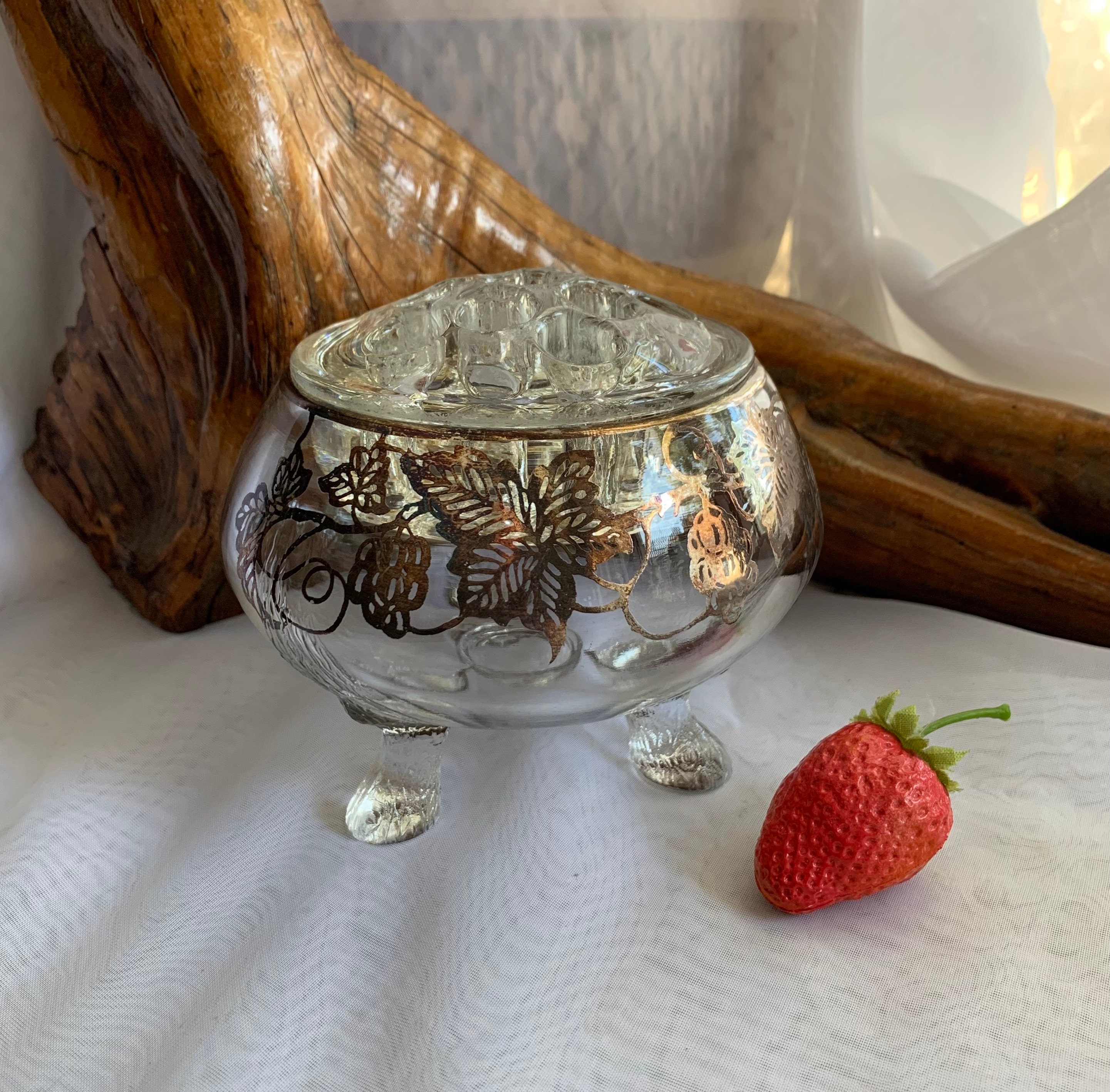 Vintage 3 Footed Glass Flower Frog Bowl With Gilt Overlay Leaf Etsy