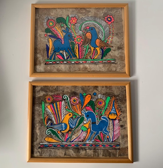 Vintage Framed Set of Mexican Folk Art Amate Bark Paper