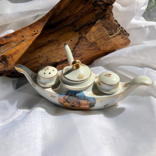 Vintage 6 Piece Porcelain Gondola Shaped Cruet Set Of France- Souvenir