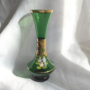 Vintage Czech Bohemian Green Glass Bud Vase with Hand Painted Enamel Raised Flowers
