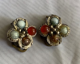 Vintage Silver Tone Multicolour Faux Stone Cabochon Clip on Earrings