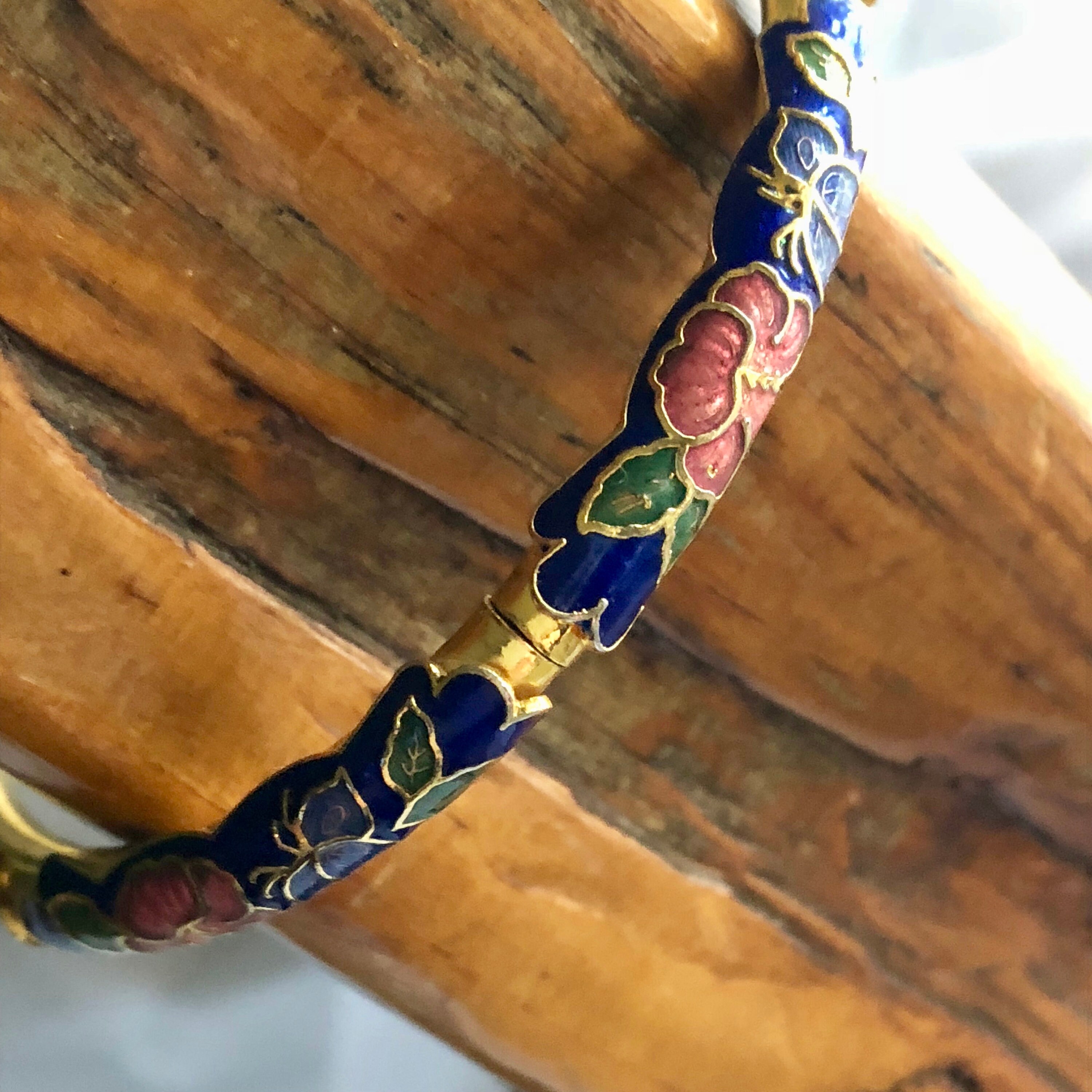 Vintage Gold Tone Cloisonné Enamel Spring Back Bangle Bracelet Etsy