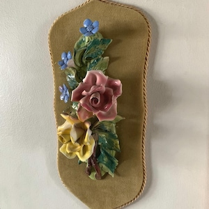 Vintage Capodimonte 3D Floral Porcelain Velvet Wall Plaque - Made in Italy