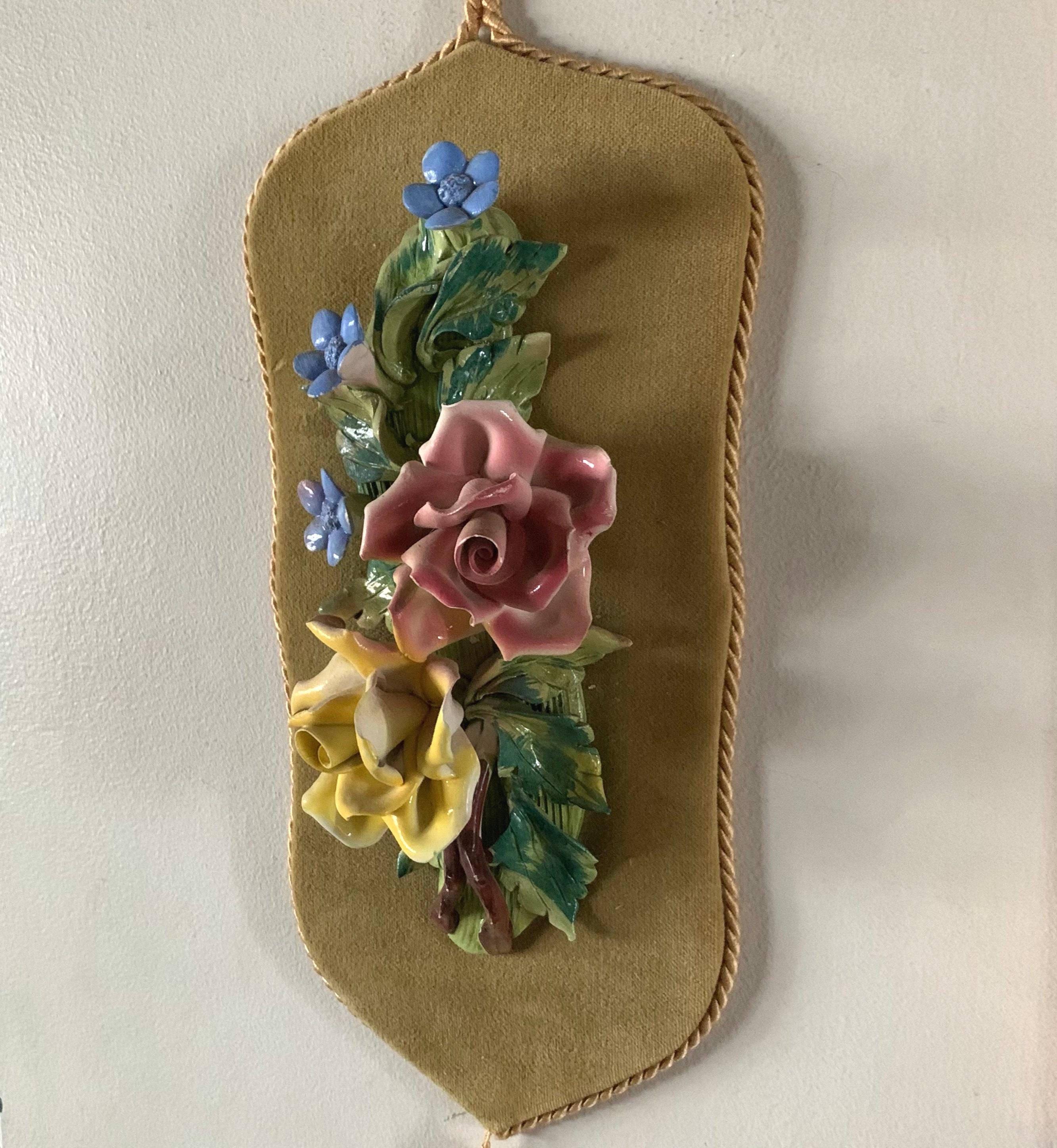 Vintage Capodimonte 3D Floral Porcelain Velvet Wall Plaque - Made