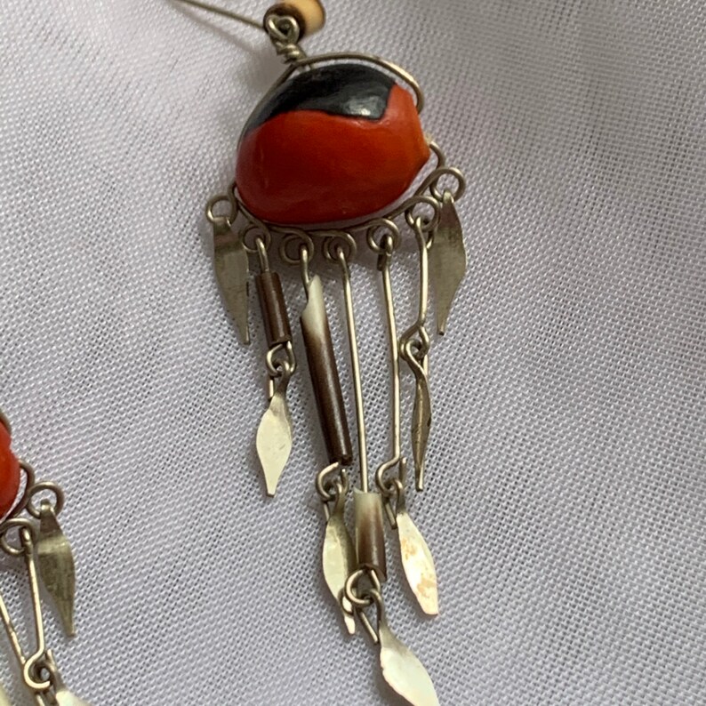 Hand Crafted Vintage Silver Tone Red and Black Seed BeadQuills Dangle Earrings