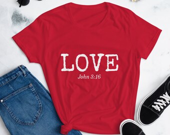 Womens Christian Bible God Jesus T-Shirt Love John 3:16