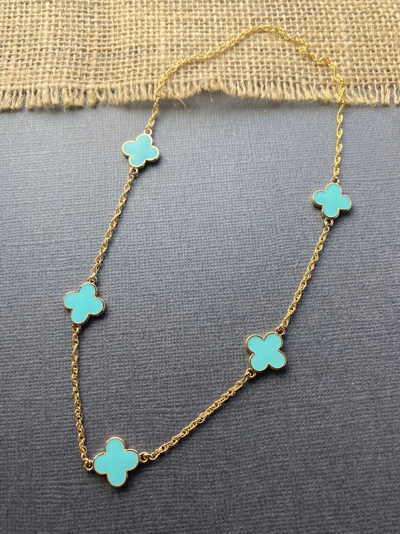 Four leaf clover necklace, Enamel Clover necklace gold, Flower Clover jewelry, Long gold clover necklace, clover choker, Christmas Gift 