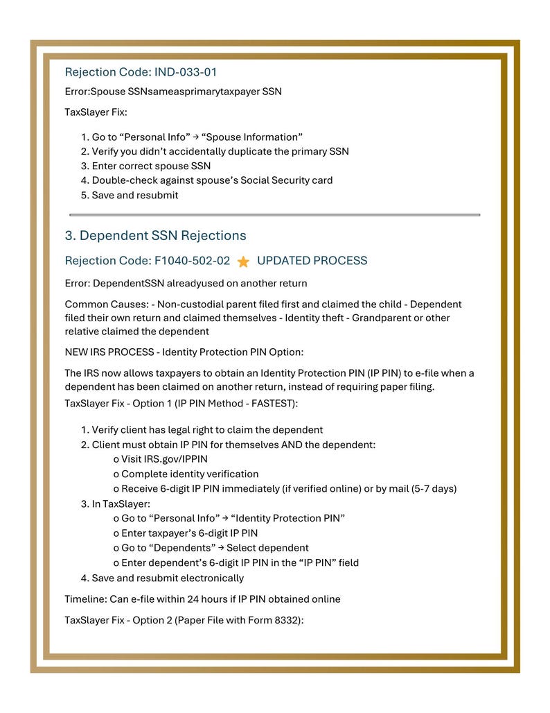 Taxslayer Pro E-file Rejection Guide | 80+ IRS Codes (digital Download ...