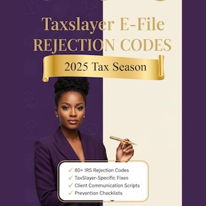 Può includere: Immagine promozionale per professionisti fiscali. L'immagine presenta una donna in giacca viola che tiene una penna. Il testo include "Taxslayer E-File Rejection Codes 2025 Tax Season" e "80+ IRS Rejection Codes".